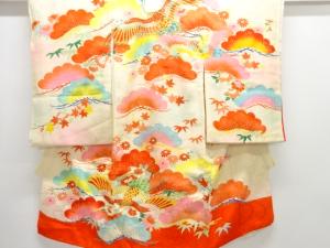 アンティーク　鶴に松模様刺繍着物(内袖・長襦袢付き)